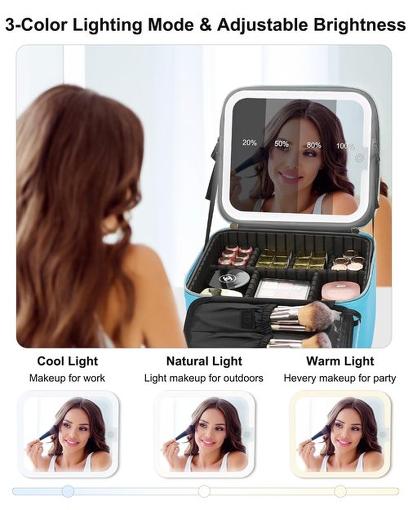 Relavel Travel Makeup Bag With LED Mirror, Cosmetic Train Case with Light up Mirror, Portable Makeup Artist Organizer Bag with Adjustable Dividers, Makeup Brush Holder Storage, Blue