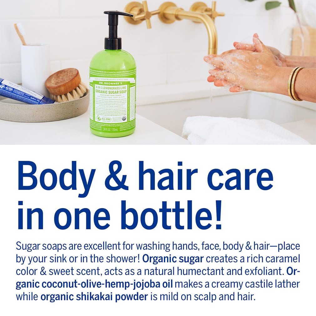 Dr. Bronner's Organic Sugar Soap (Baby Unscented, 24 Ounce) - Made with Regenerative Certified Organic Oils, Sugar & Shikakai Powder, 4-in-1 Use: Hands, Body, Face and Hair- Liquid Soap, Nourishes