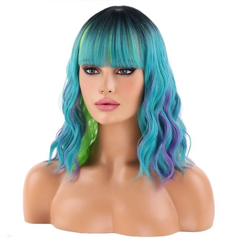 BERON 14 Inches Green Wig for Women Girls Green Purple Wig with Bangs Short Curly Wig Green Mix Purple Wigs