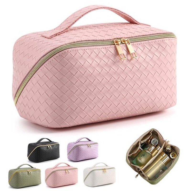 MINGRI Large Capacity Travel Cosmetic Bag for Women,Portable PU Leather Checkered Makeup Bag Water Resistant,Flat Open Multifunctional Storage Toiletry Bag with Divider and Handle (Woven-Pink)