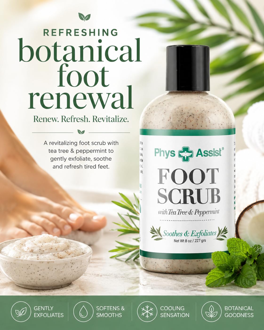 PhysAssist Foot Scrub – Exfoliating & Hydrating Foot Care Scrub for Dry, Rough Feet – Tea Tree, Peppermint & Apricot Seed Exfoliation – 8 oz Bottle