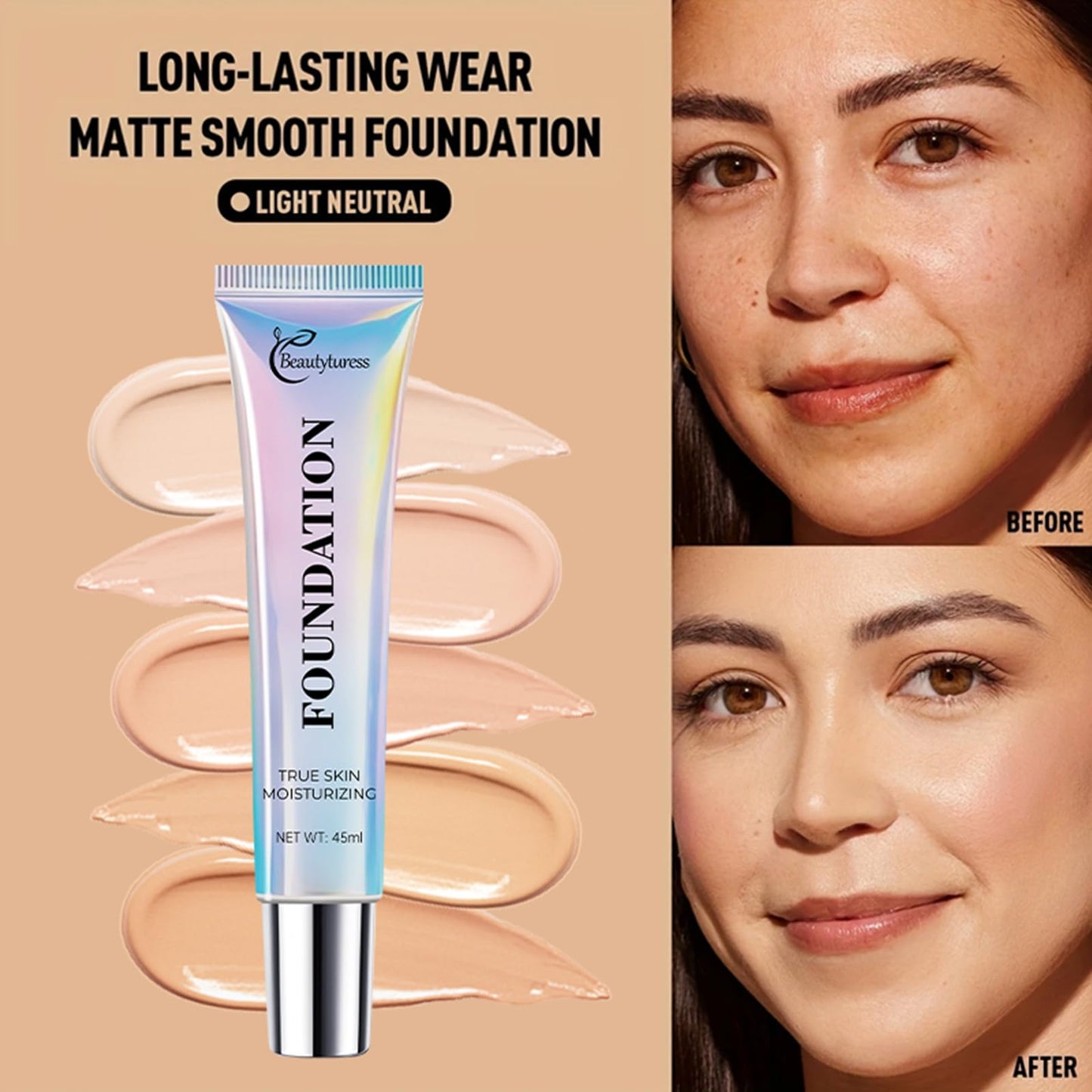 Hydrating Foundation Liquid 45ml - Natural Skin Finish, Buildable & Long Lasting Makeup with Hyaluronic Acid & Niacinamide - Includes Foundation Brush & Blender Sponge (NO2)