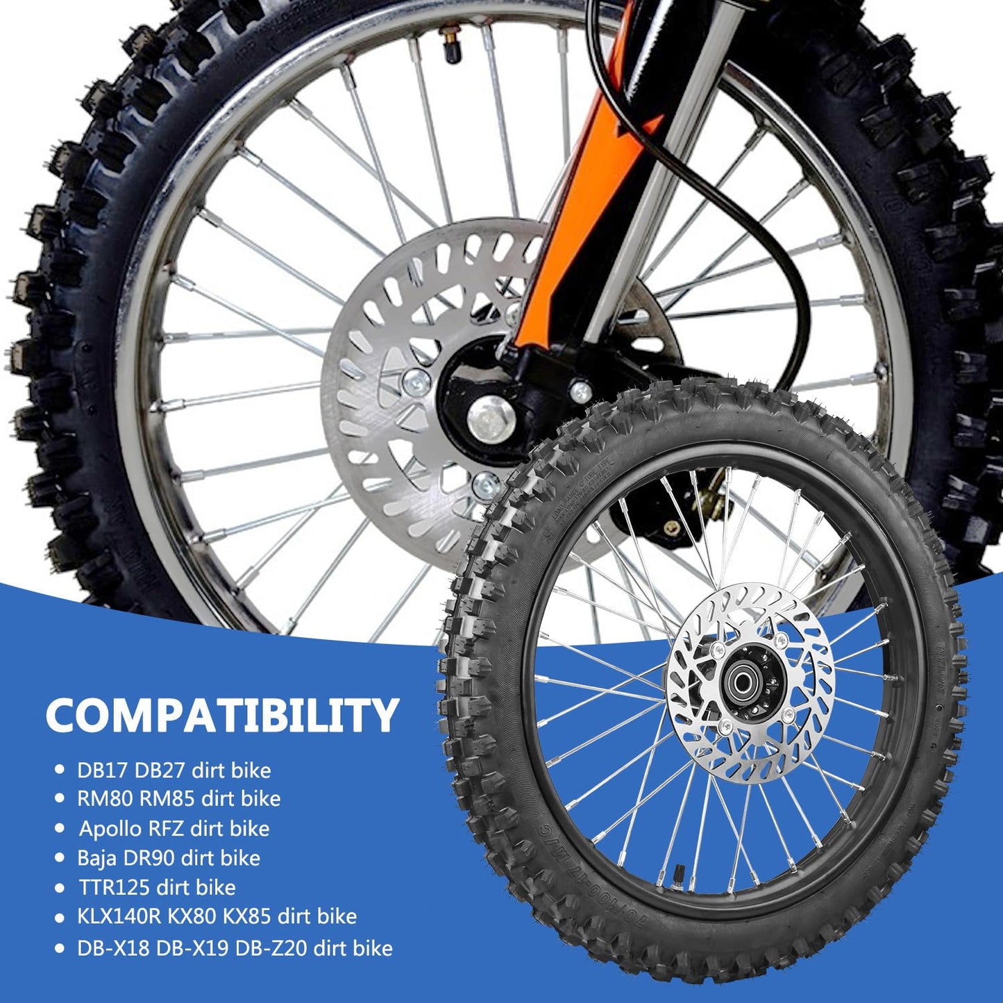 RUIQIMOTO 3.00-14 90/100-14 Rear And 2.75x17 70/100-17 Front Wheel Dirt Bike Rim With 15mm Bearing for 110cc 125cc 140cc 150cc 160cc TTR125 RM80 RM85 KLX140R DB17 DB27 Apollo RFZ SSR Baja Pit Bike
