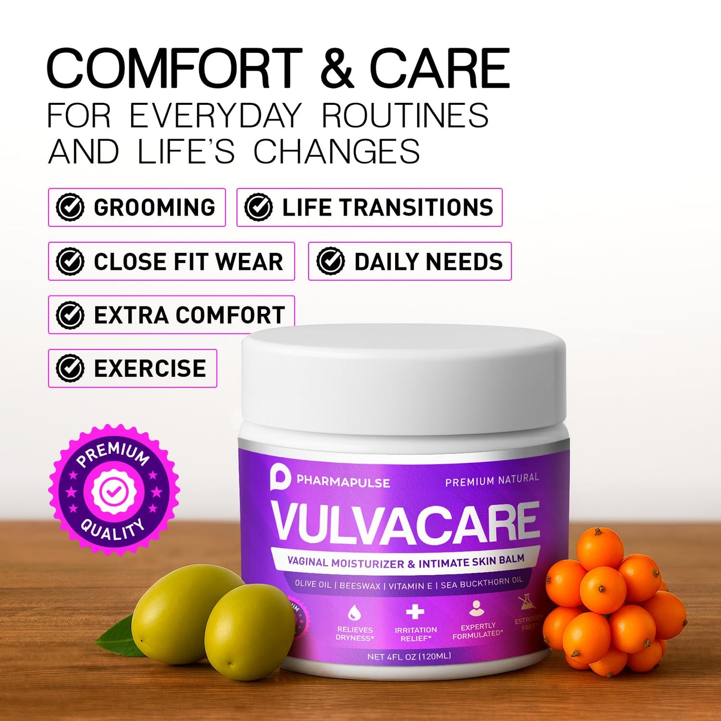 Pharmapulse Organic Vaginal Moisturizer, Vulva Balm Cream, Intimate Skin Care, Menopause Support - Relieves Dryness, Itching, Burning, Redness, Chafing, Odor, Irritation - Estrogen Free 4oz
