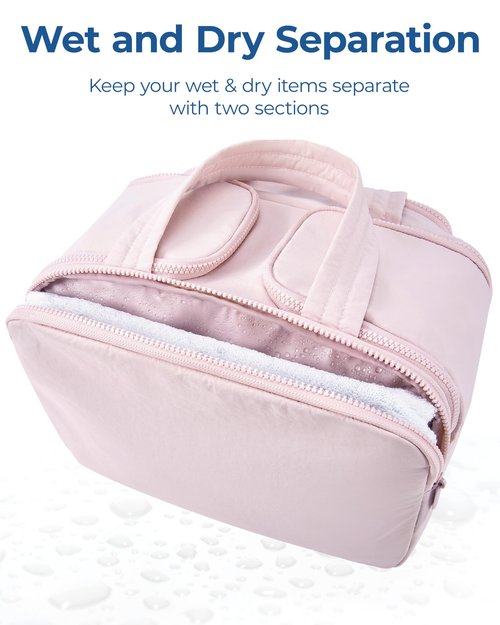 BAGSMART Travel Toiletry Bag, Lightweight Large Wide-open Travel Bag for Women, Puffy Cosmetic Makeup Bag Organizer with Handle for Accessories,Essentials, Toiletries, Pink