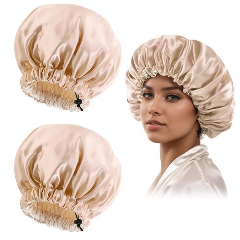 Satin Bonnet Silk Bonnet for Curly Hair Bonnet Braid Bonnet for Sleeping Bonnets for Women Large Double-Layer Adjustable(2Pcs Champagne)