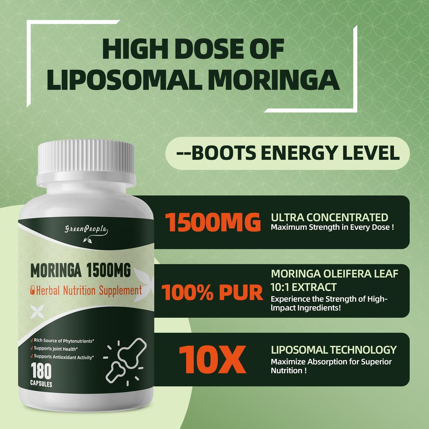 GREENPEOPLE Whole-Leaf Moringa Capsules 1500mg - High Potency 10:1 Moringa Oleifera Leaf Extract - Natural Green Superfood for Energy & Immune Support - Vegan, Non-GMO, Caffeine Free - 180 Count
