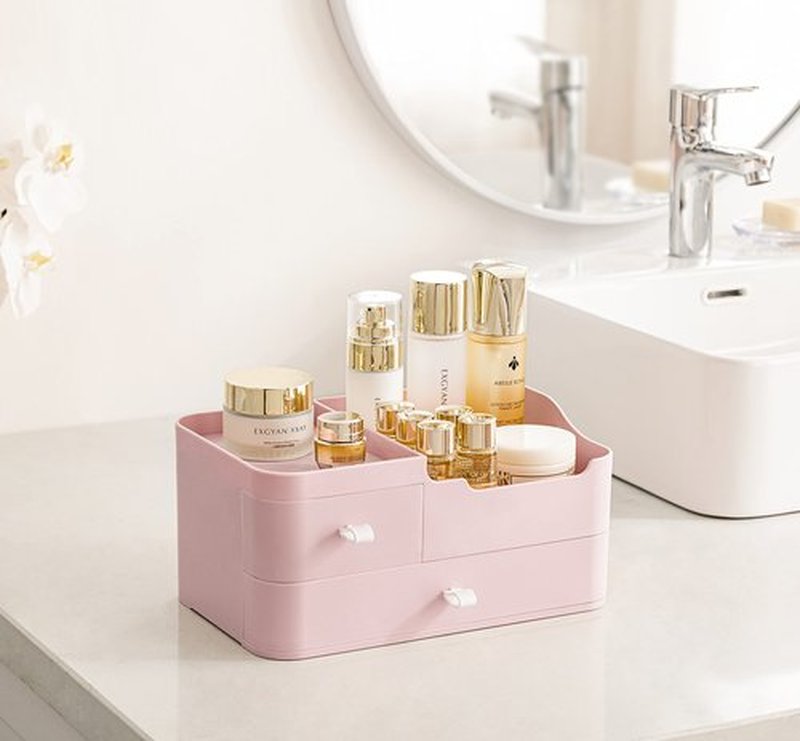 HBlife Plastic Makeup Organizer for Vanity with 2 Drawers Large Skincare Organizers 8 Compartments Bathroom Organizer Cosmetic Storage, Pink