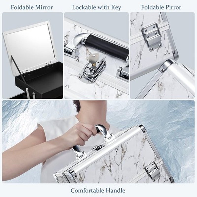 Joligrace 11.6 inch Makeup Box Train Case Cosmetic Organizer with Mirror 3-Tier Tackle Tray Lockable Portable Travel Carrying Make-up Storage Box with Handle - Marble White