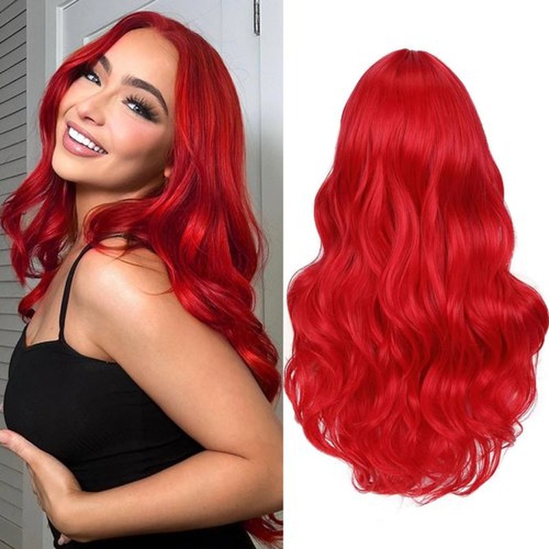 Fancy Hair Long Red Wavy Wigs for Women Curly Middle Part Red Wig Natural Looking Synthetic Heat Resistant Fiber Wigs Hair for Daily Party Use (Bright Red)