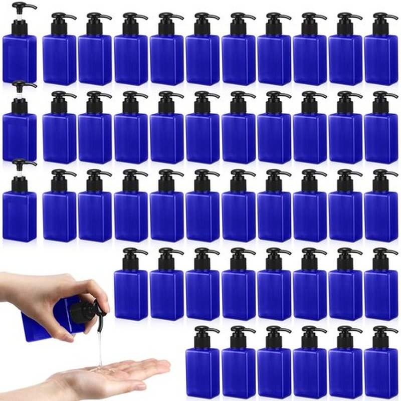 Domensi 50 Pcs 100ml /3.4 oz Pump Bottle Mini Travel Bottles Small Dispenser Bottles Plastic Pump Lotion Dispenser Empty Bottle Square Dispenser Travel Size Containers Toiletries (Blue)
