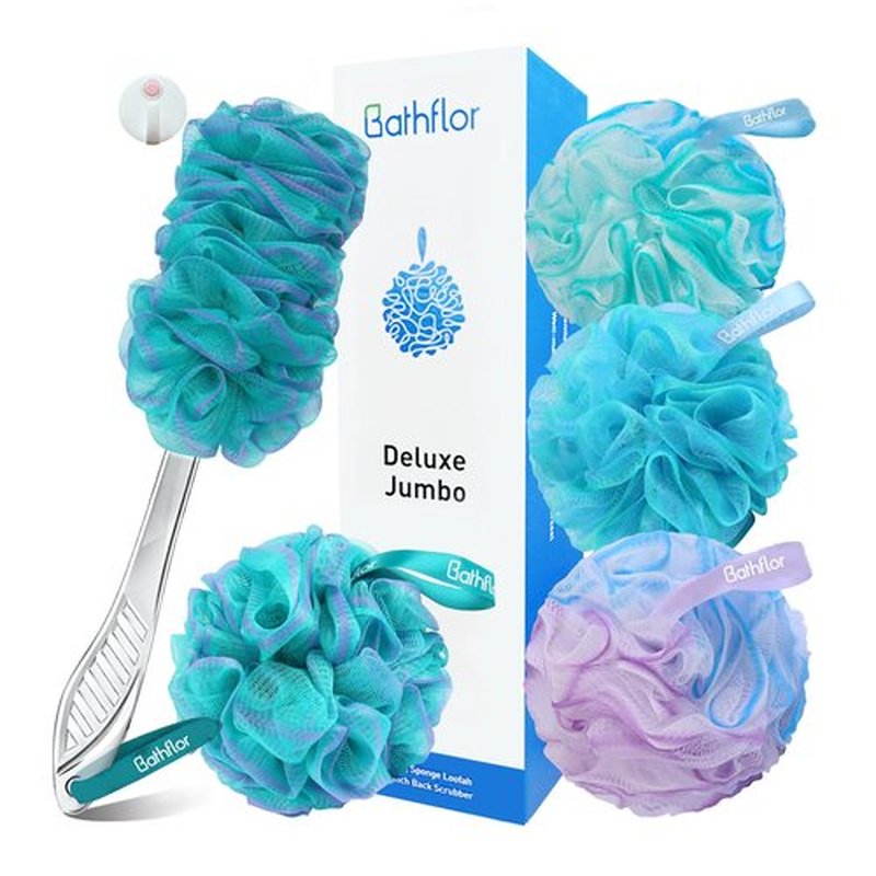 Bathflor Loofah Sponge, 6-in-1 Loofahs for Men Women, 80g Large Shower Loofah Exfoliating Body Scrubber, 4 Bath Sponge Loofa Packs, 1 Loofah with Handle Body Wash Back Scrubber, 1 Luffa Hook, Colors