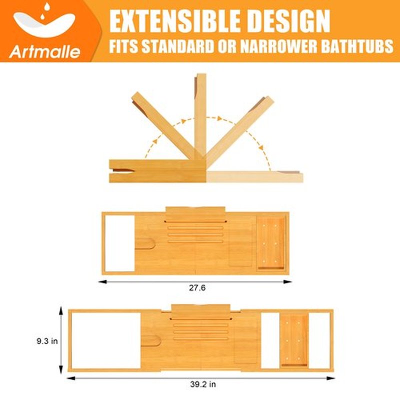 Artmalle Foldable Bathtub Tray for Tub, Bamboo Bathtub Caddy Tray Table with Book Stand for Luxury Bath, Bathroom Accessories for Women Men with Free Soap Dish (Semi-Simple, Natural) (Natural)