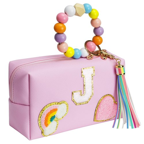 Elilier Kids Girls Makeup Bag For 4 5 6 7 8 9 10 11 12 13 Year Old, Letter Pouch Cosmetic Bag, PU Leather Waterproof Toiletry Bag, Bridal Shower Gifts for Bridesmaids, Cute Stuff for Girls (Medium)