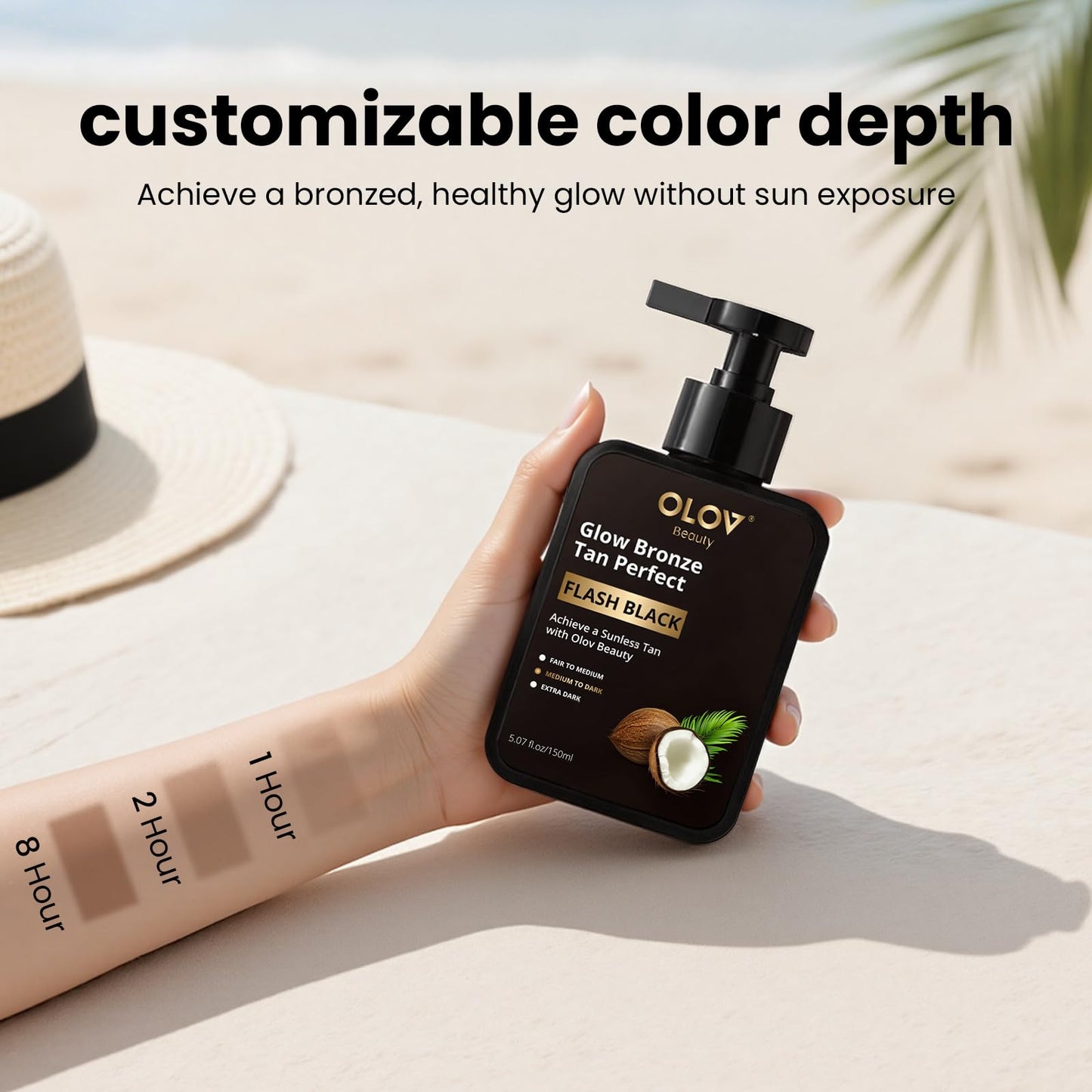 OLOV BEAUTY Self Tanning Lotion -Sunless Tanner with Shea Butter and Coconut Oil Natural Ingredients for Sensitive Skin Moisturising Fake Tan Customisable Medium to Dark (5 fl oz)