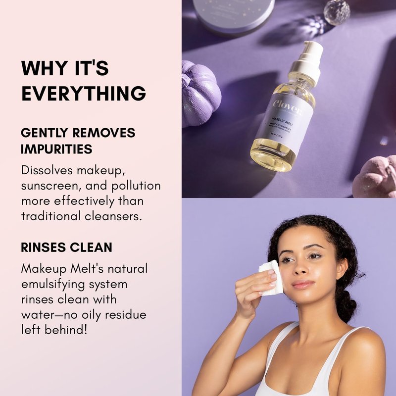Clover Makeup Melt Cleansing Oil - Gentle Makeup Removal, Skin-Friendly Formula | Cruelty-Free & Vegan - 1 oz (30 ml)