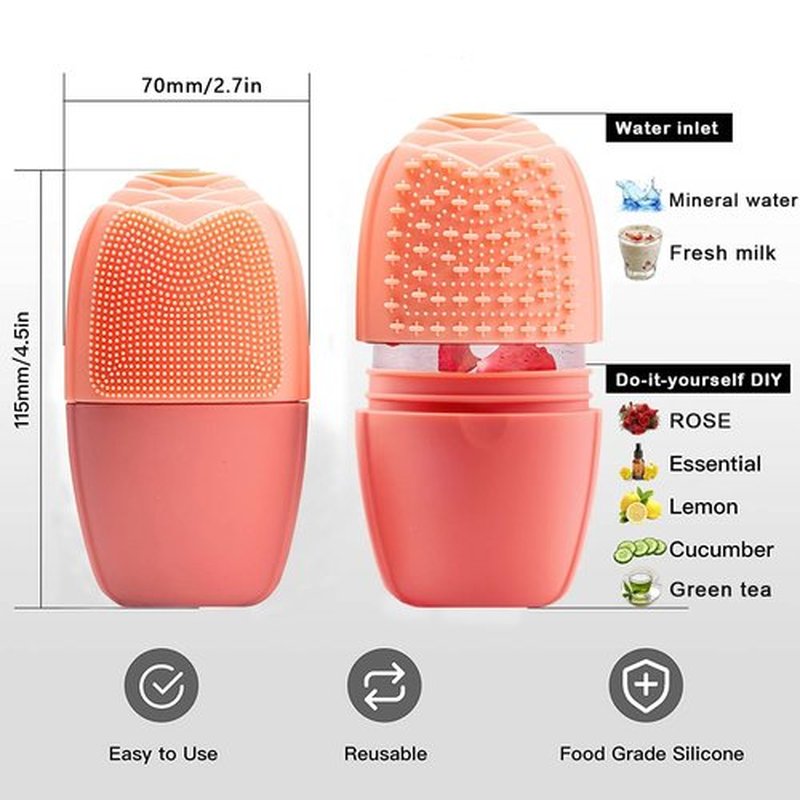 KOGITI Ice Mold for Face, Ice Roller for Face & Eye, Beauty Facial Ice Rollers Ice Holder Mold Face Puffiness Relief Massage Skin Care Tools, Ice Facial Cube (Brush-Pink)