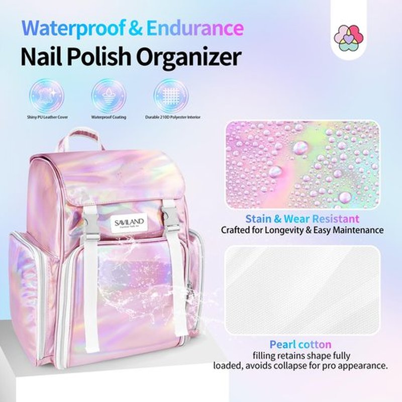 SAVILAND Nail Polish Organizer Bag: PU Leather Nail Kit Organizer Holds 70 Bottles (15ml-0.5 fl.oz) and Nail Lamp, Portable Nail Polish Storage Carrying Case Nail Organizers and Storage for Nail Tech