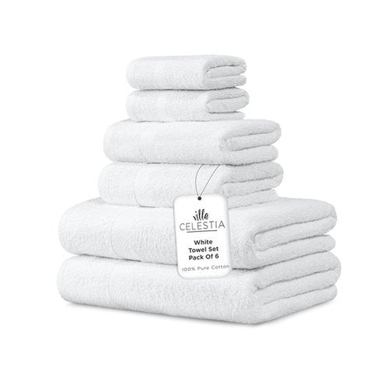 100% Combed Cotton Bathroom Towel Set of 6- 2 Bath Towels, 2 Hand Towels, 2 Wash Cloths, Sustainable, Soft, Highly Absorbent 6 Piece Cotton Bath Towel Set Ideal for Hotels, Spa, Bathroom, Dorm, White