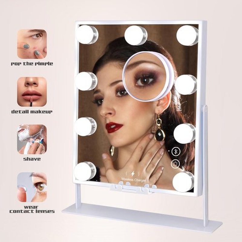 COOLJEEN Vanity Mirror with Lights and Bluetooth, Wireless Charging Lighted Vanity Mirror with Phone Stand, 9-Bulb 3 Color Lighting Tabletop Lighted Makeup Mirror, 360°Rotation