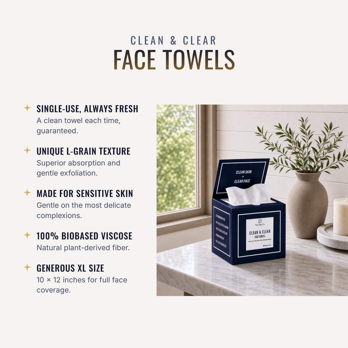 The Clyn Co. Clean & Clear Face Towels, Ultra Soft Disposable Facial Towels, 100% Biobased Viscose Face Wipes for Sensitive Skin, Lint-Free Makeup Remover, Luxury Magnetic-Lid Box, XL 10×12, 50 Count