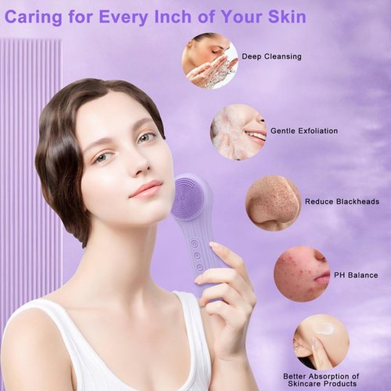 Feoflen Silicone Face Scrubber Exfoliator, Silicone Face Wash Brush for Men & Women, Ipx7 Waterproof Rechargeable Facial Cleaner for Deep Cleansing, Exfoliating, Massage Face Scrubber (Purple)