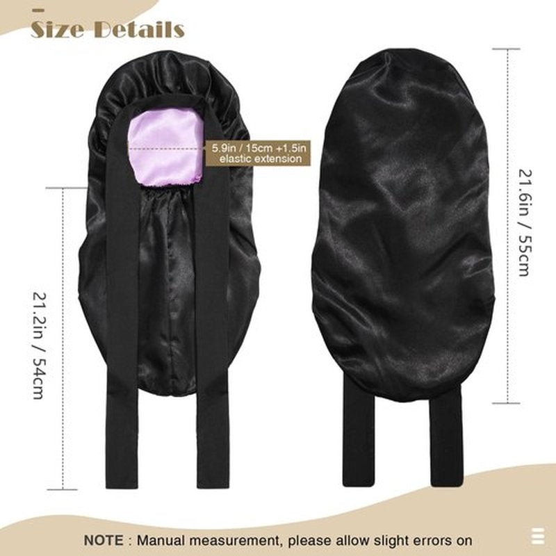 Kids Long Hair Bonnet for Sleeping - Double Layer Girls Elastic Satin Bonnet with Tie Band for Braid Curly Hair (Black+Purple)