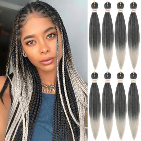 Lbsiwi Pre Stretched Braiding Hair 26 Inch 8 Packs Ombre Braiding Hair EZ Hair Itch Free Crochet Twist Hair Hot Water Setting Professional Soft Yaki Texture Synthetic Hair Extensions (26inch 1B/Gray#)