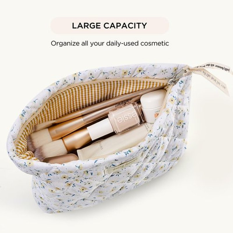 HBselect 2Pcs Quilted Makeup Bag Cute Makeup Bag Organizer Travel Makeup Pouch for Purse Zipper Aesthetic Coquette Cotton Floral Make up Bag Toiletry Bags for Women Girls
