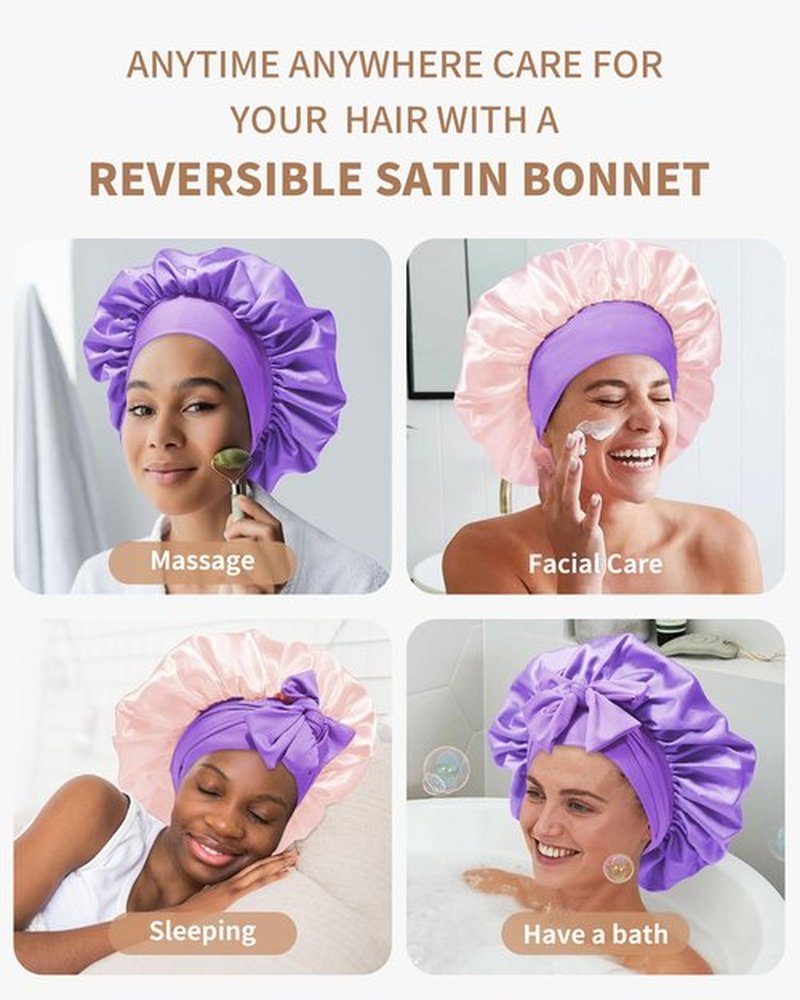 Satin Bonnet for Women Silk Bonnets for Sleeping Curly Hair Bonnet with Elastic Tie Band Reversible Double Layer Sleep Cap Hair Wrap (Pink + Purple)