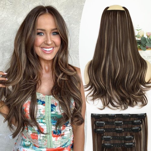 SUZYACCKR Clip in Hair Extensions For Women，Brown Mixed Long Stright Layered Hair Extensions 5PCS Hair Extension Thick Set Natural Soft Hair