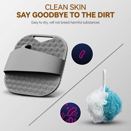 Silicone Body Scrubber for Men, Friendly Shower Body Scrubber for Sensitive Skin, Silicone Loofah Body Scrubber for Showering with Richer Foam Bristles and Anti-Slippery Handle, Gray