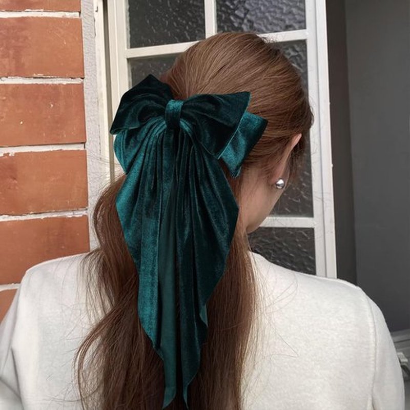 Green Velvet Large Hair Bow Long Tail Bowknot Hair Barrette Clip 8.26 Inch Women Girls Fall Winter Ponytail Holder Hair Accessories