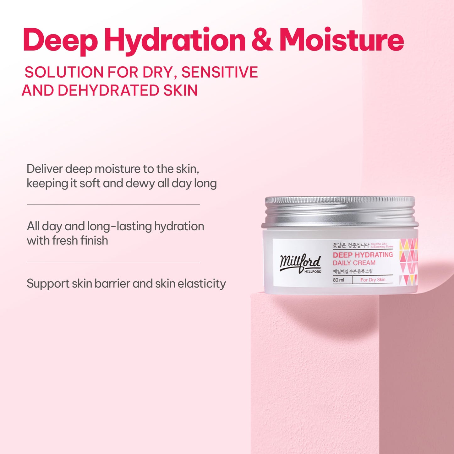 Millford Deep Hydrating Daily Cream 80ml/2.7 fl.oz - Moisturizing Face Cream with Panthenol 10%, Hyaluronic Acid for Dry Skin, Soothing Barrier Care & Long-Lasting Moisture, Korean Skincare