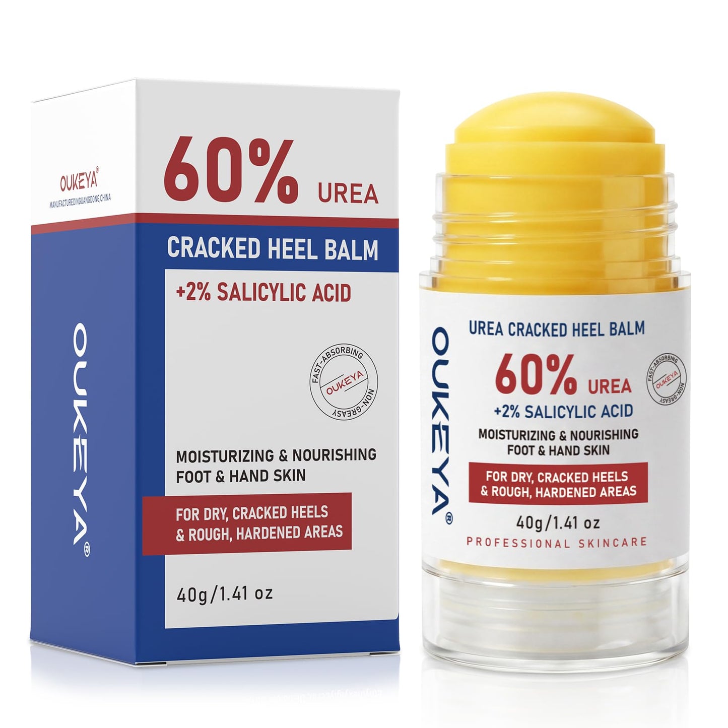 OUKEYA 60% Urea Stick with 2% Salicylic Acid, Maximum Strength Urea Cream 60 Percent for Feet, Exfoliating Moisturizer for Dry Cracked Heels, Hands, Knees - 1.41oz