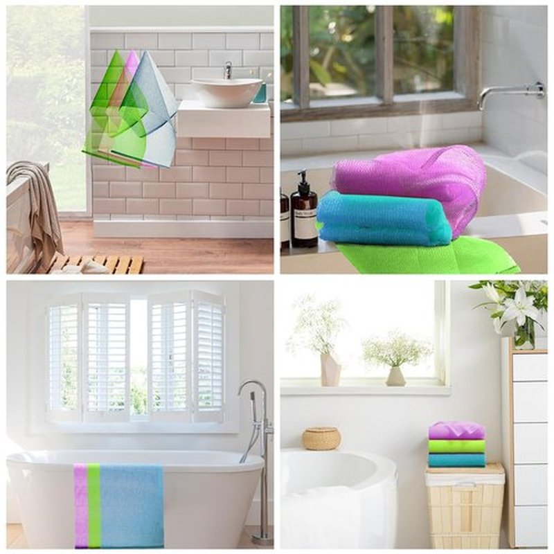 3 Pieces Exfoliating Washcloth Shower Towel African Net Sponge Japanese Wash Cloth Face Exfoliating Sponge Loofah Exfoliating Body Scrubber for Body Exfoliation (Purple,Blue,Green)