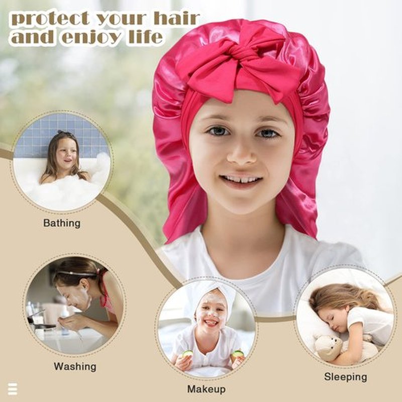 Kids Long Hair Bonnet for Sleeping - Double Layer Girls Elastic Satin Bonnet with Tie Band for Braid Curly Hair (Hot pink)
