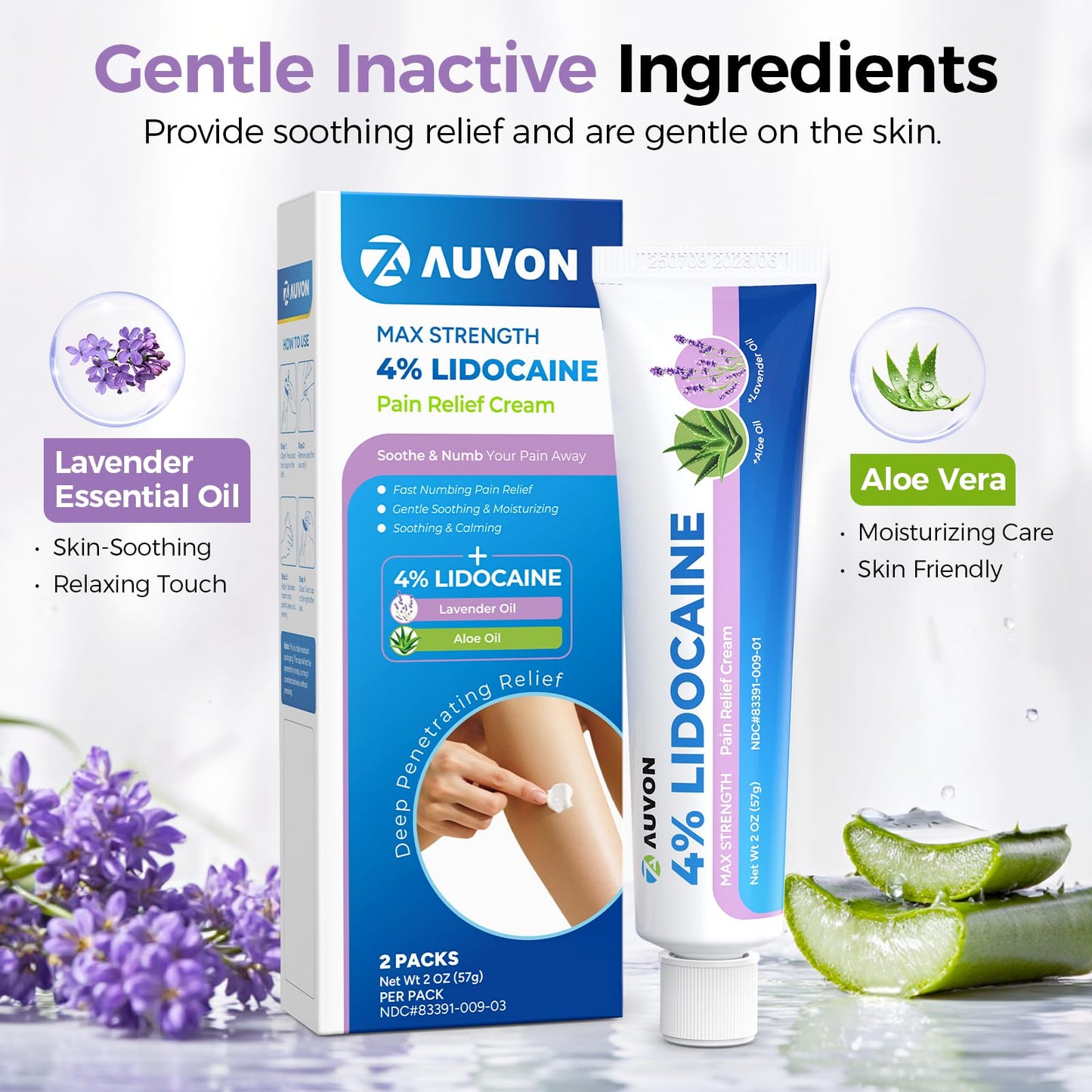 AUVON Max Strength Lidocaine Pain Relief Cream with Lavender & Aloe Vera, Numbing Cream for Minor Arthritis Pain, Soothing Muscle for Neck, Shoulder, Hip, Knee, Joint and Back Pain, 2 Oz, 2 Packs