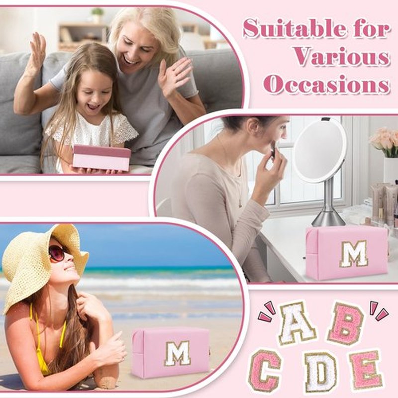 Personalized Initial A-Z Preppy Patch Makeup Bag,Small PU Chenille Letter Cosmetic Bag with Zipper for Teen Girls,Pink Cute Toiletry Organizer Bag,Monogram Makeup Case Gift for Women Girls,Letter M