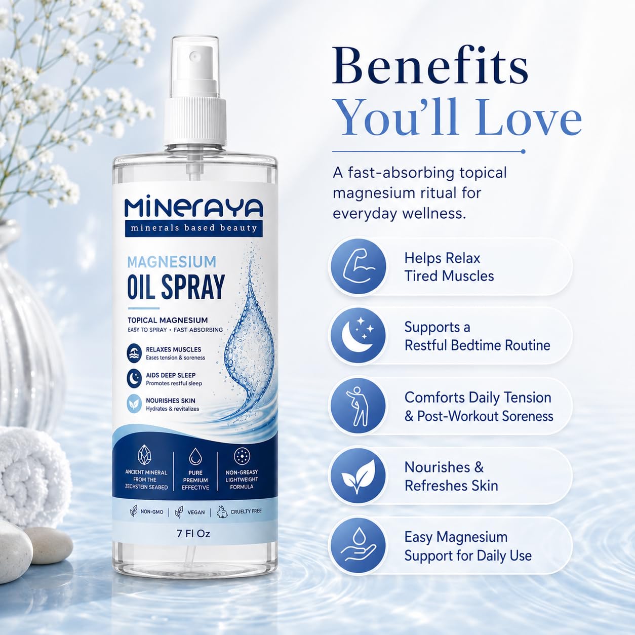 MINERAYA Magnesium Oil Spray 7 Fl Oz. Organic, Extra Strength Topical Magnesium Spray for Feet, Muscle Recovery & Sound Sleep