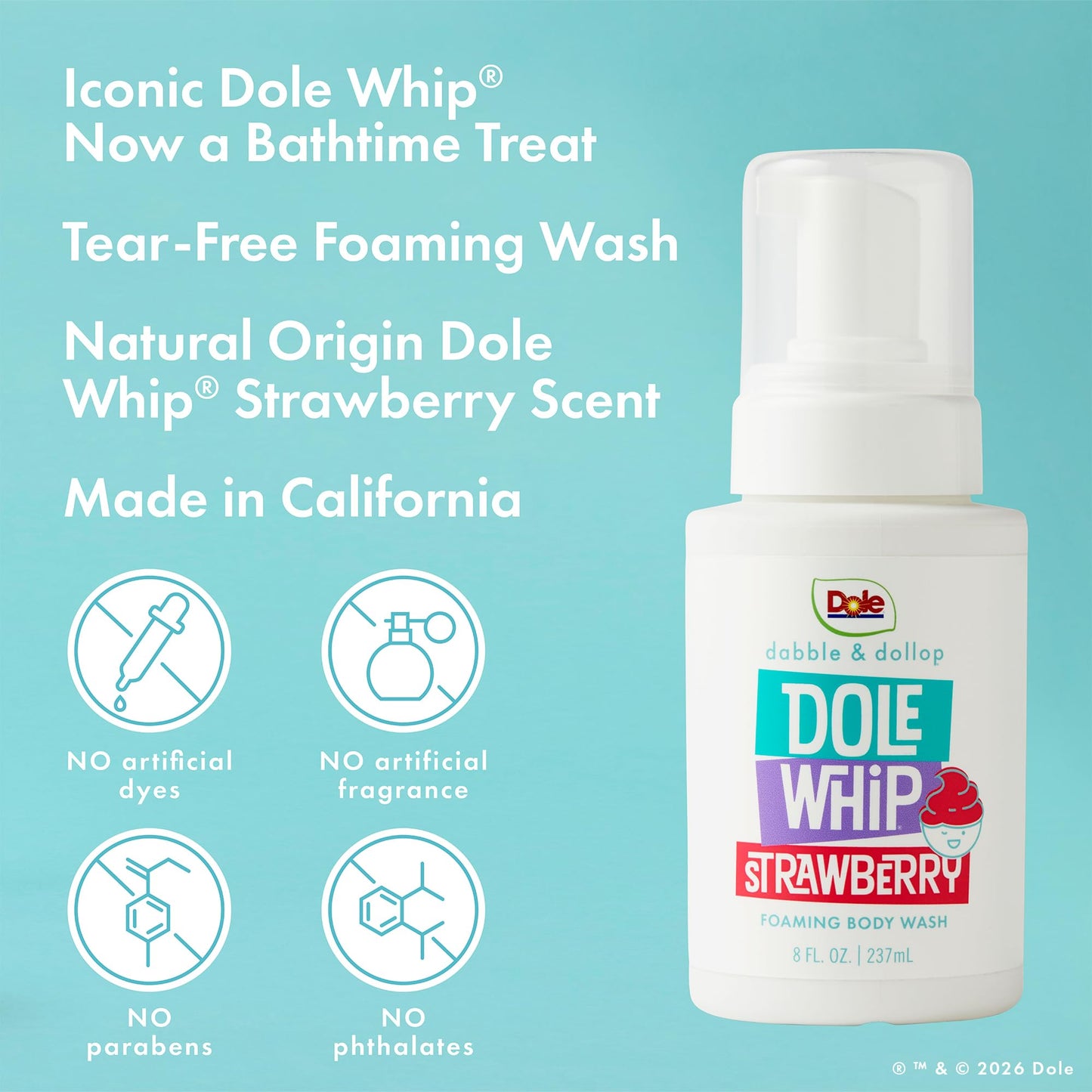 Dabble & Dollop Dole Whip® Strawberry Foaming Body Wash 2-Pack - Natural Origin Scent, Gentle Body Wash for Kids, Toddlers & Family, Sensitive Skin, Sulfate & Paraben Free (8 fl oz, Pack of 2)