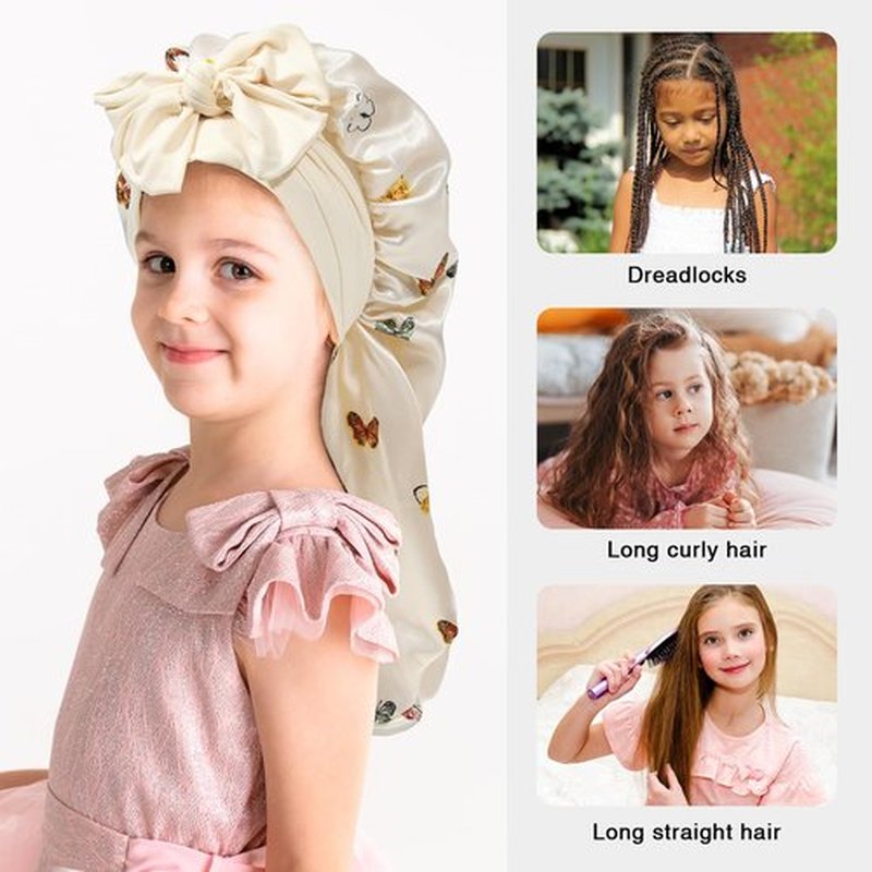 Kids Long Hair Bonnet for Sleeping - Double Layer Girls Elastic Satin Bonnet with Tie Band for Braid Curly Hair (Butterfly+Beige)