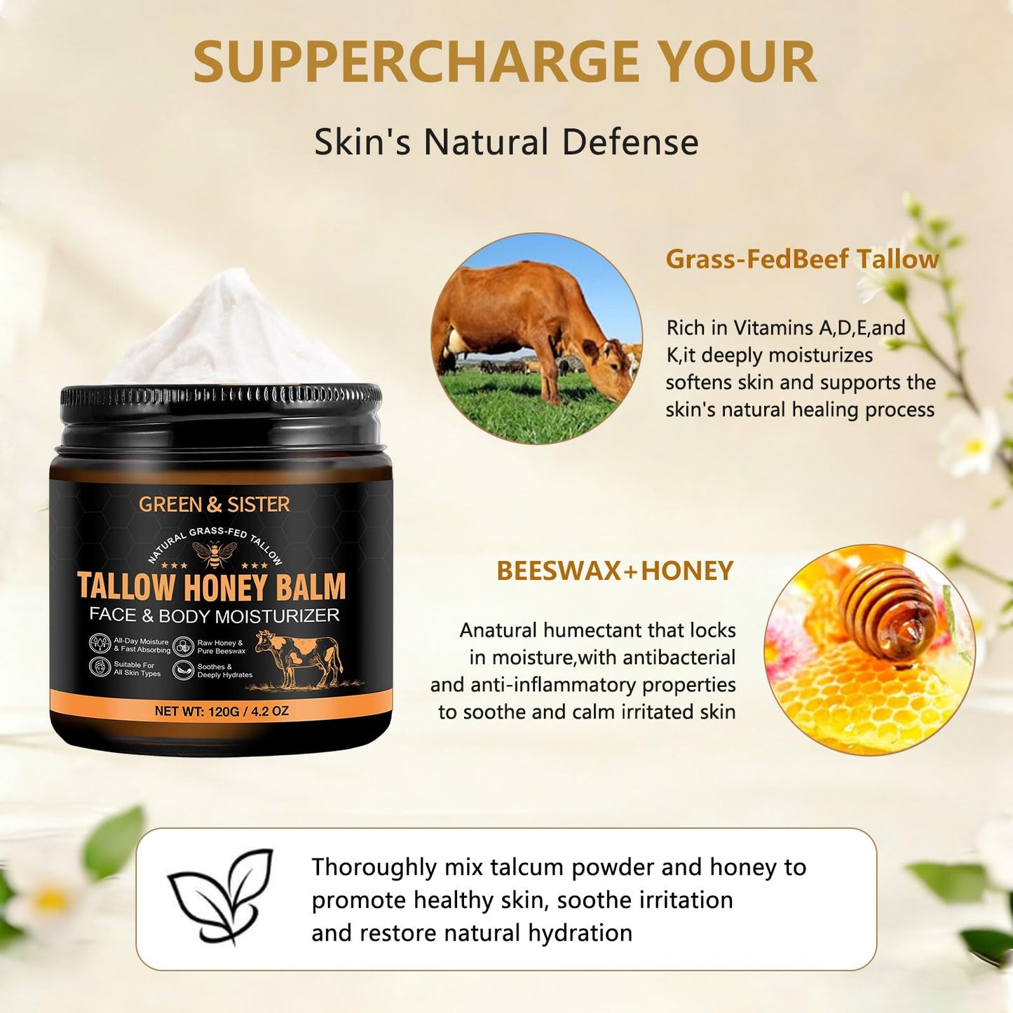 Beef Tallow for Skin & Face – Tallow Balm with Raw Honey & Beeswax, 3-Ingredient Protective Barrier Moisturizer for Eczema, Sensitive & Dry Skin – Grass-Fed, Non-Comedogenic, Fragrance-Free – 4.2 Oz