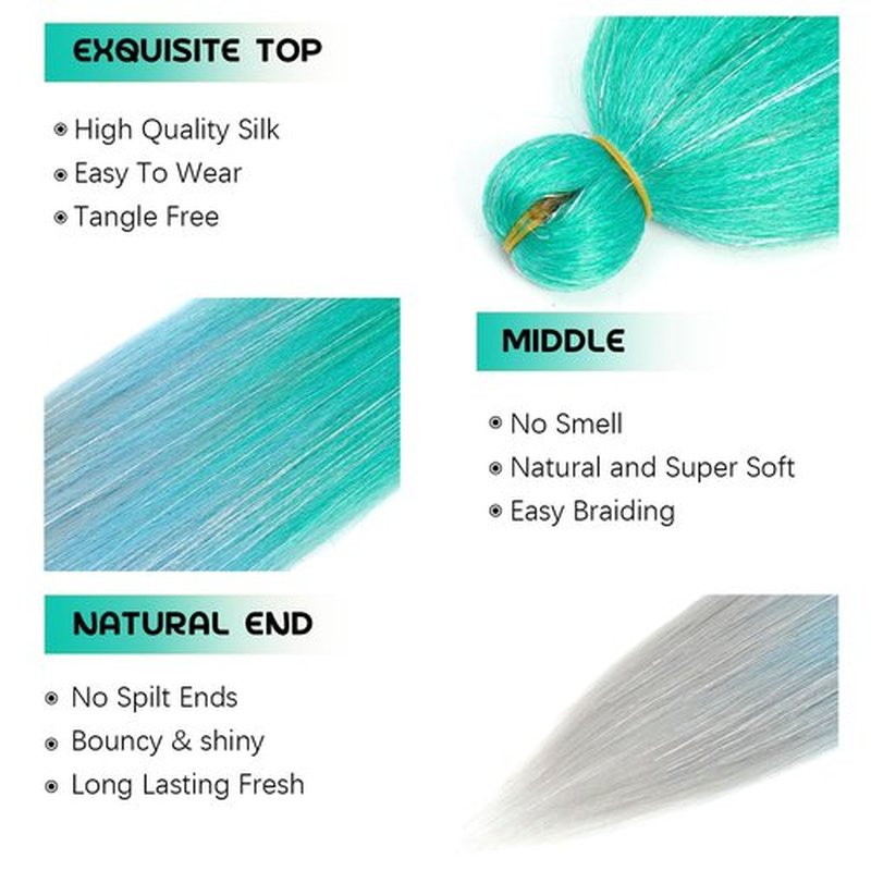 AGO Braiding Hair Pre Stretched Mix Tinsel 28 Inch Ombre Glitter Braiding Hair Sparkle Braids Crochet Hair Extensions Yaki Straight Synthetic Hair for Festival Party(Pack of 6, Green/Blue/Silver)