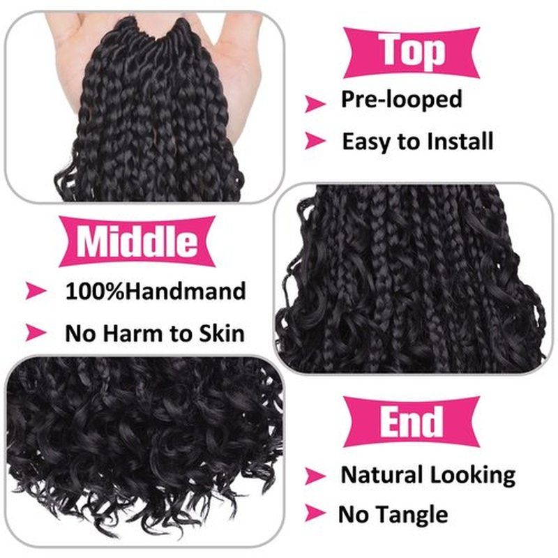 Unionbeauty 8 Packs Boho Box Braids Crochet Hair 12 Inch Goddess Box Braids Crochet Hair with Curly Ends Bohemian Hippie Box Braids Goddess Locs Synthetic Braiding Hair Extension for Black Woman 1B#