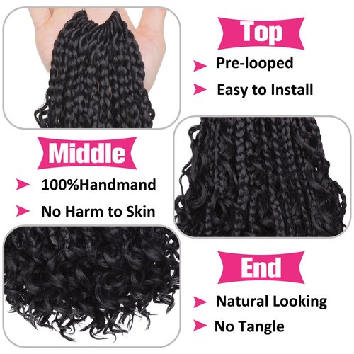 Unionbeauty 8 Packs Boho Box Braids Crochet Hair 8 Inch Bohemian Hippie Box Braids for Kids Goddess Box Braids Crochet Braids with Curly Ends Synthetic Braiding Hair Extension for Black Woman 1B#