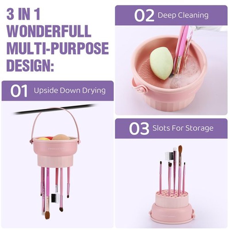 GOLIKEE 2 Pack Makeup Brush Cleaner Mat 3 in 1 Silicone Makeup Brush Cleaner Makeup Brush Cleaning Bowl Makeup Brush Sponge Scrubber Tool for Cleaning, Storage And Upside Down Drying(Two Khkai)