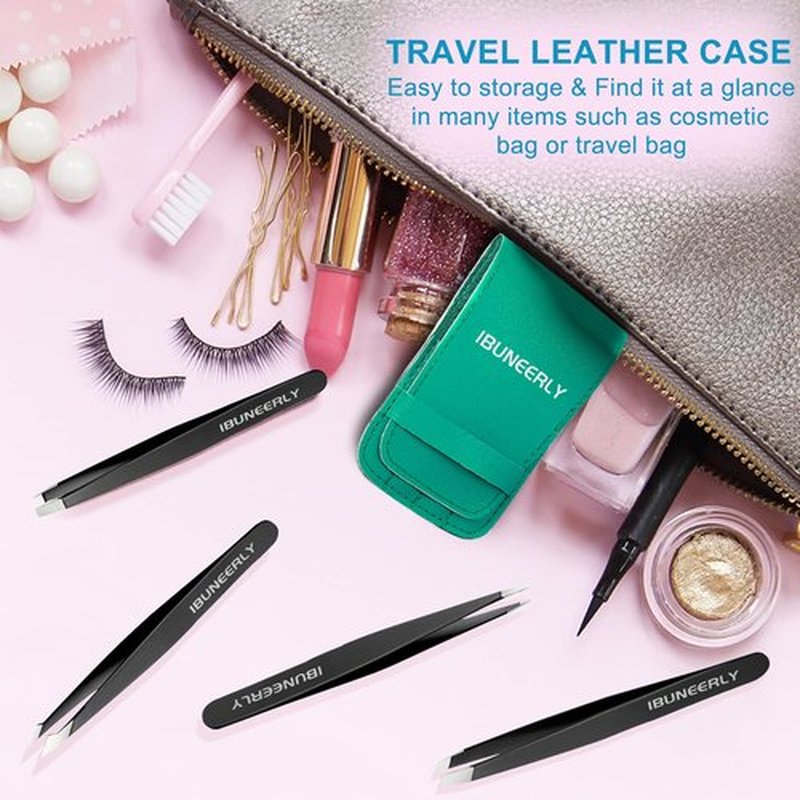 iBuneerly Tweezers Set, 4Pcs Tweezers for Women with Travel Case, Professional Stainless Steel Eyebrows Tweezers, Great Precision Tweezers for Ingrown Hair, Facial Hair, Splinter Removal (Black)