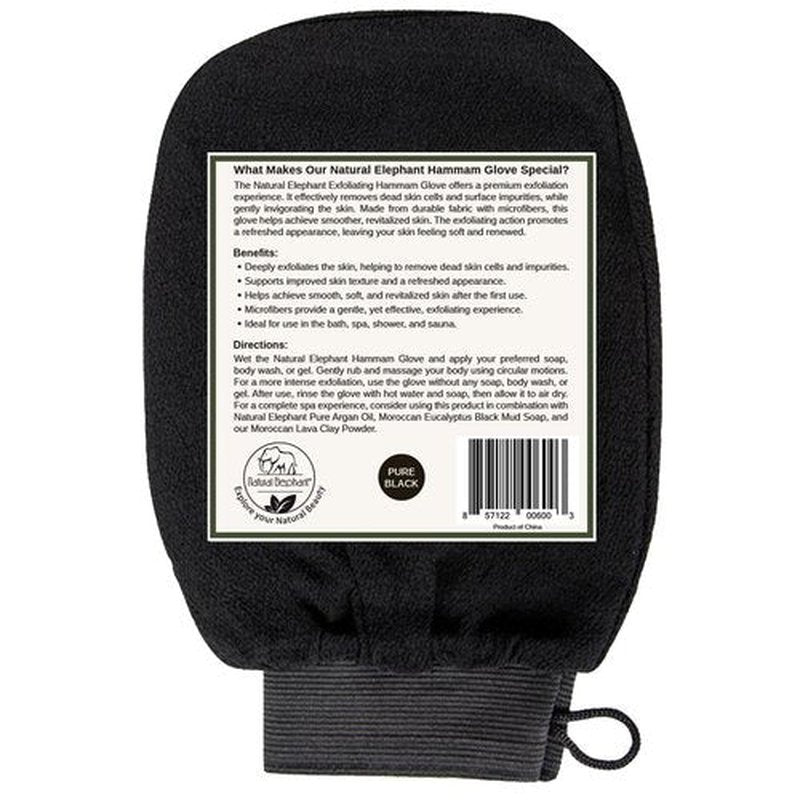 Natural Elephant Moroccan Black Soap 200g (7oz) and 2 Pack Exfoliating Hammam Glove Combo (Pure Black)