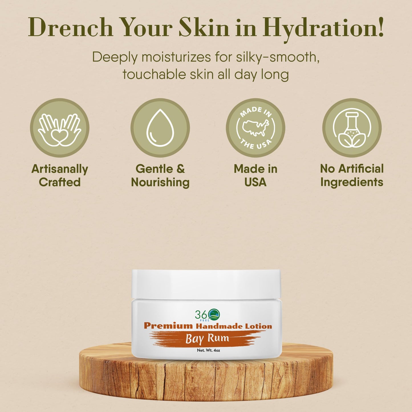 360Feel Bay Rum Body Lotion - Hydrates with Coconut & Olive Oil, Plant-Based, Non-Greasy, Sensitive Skin, All Day Use